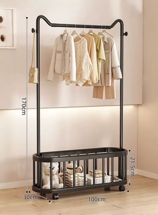 Clothes Rack with Single Rods, Metal Garment Rack with Storage Basket and Wheels, Multipurpose Clothes Hanger Organizer for Bedroom Living Room - Image 3